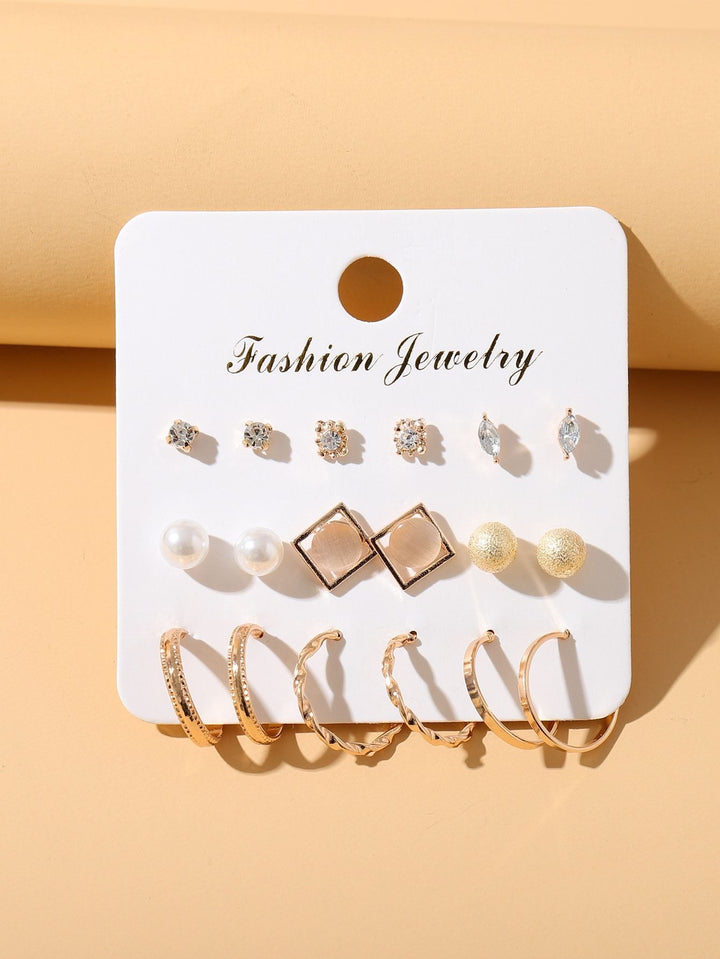 Shein- 9pairs Rhinestone & Faux Pearl Detail Earrings