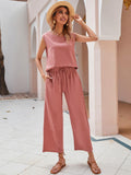 Shein- Solid Tank Top & Wide Leg Belted Pants