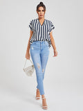 Shein- Notch Neck Batwing Sleeve Two Tone Striped Top
