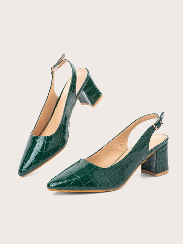 Shein- Croc Embossed Mid Heeled Chunky Slingback Pumps