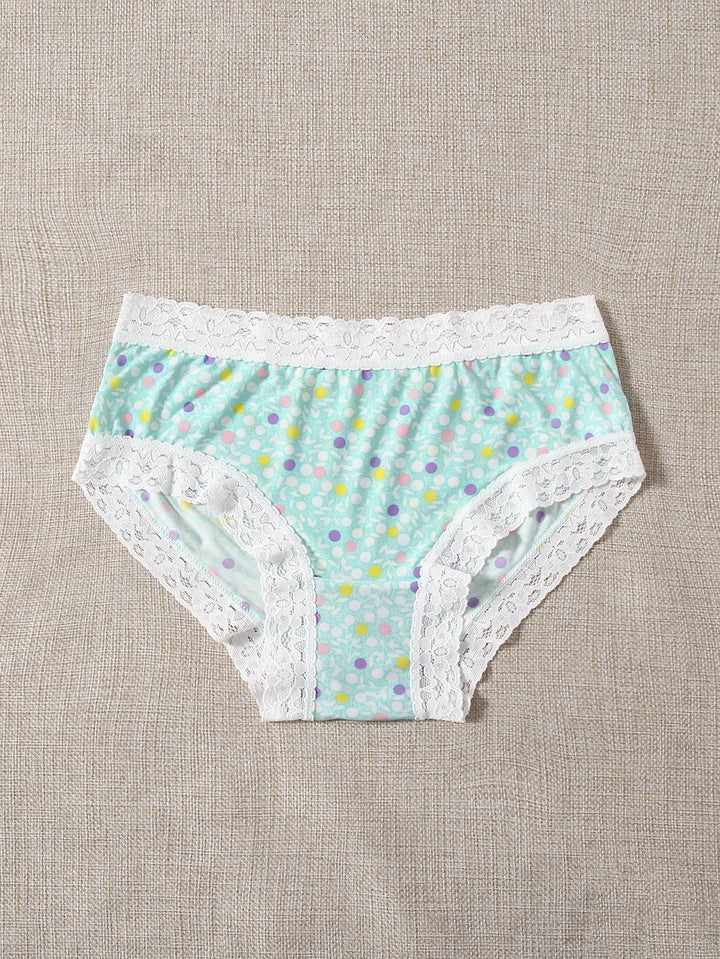 Shein- Polka Dot & Leaf Print Lace Trim Panty