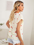 Shein- Rolled Sleeve Heart Embroidery Jacquard Top