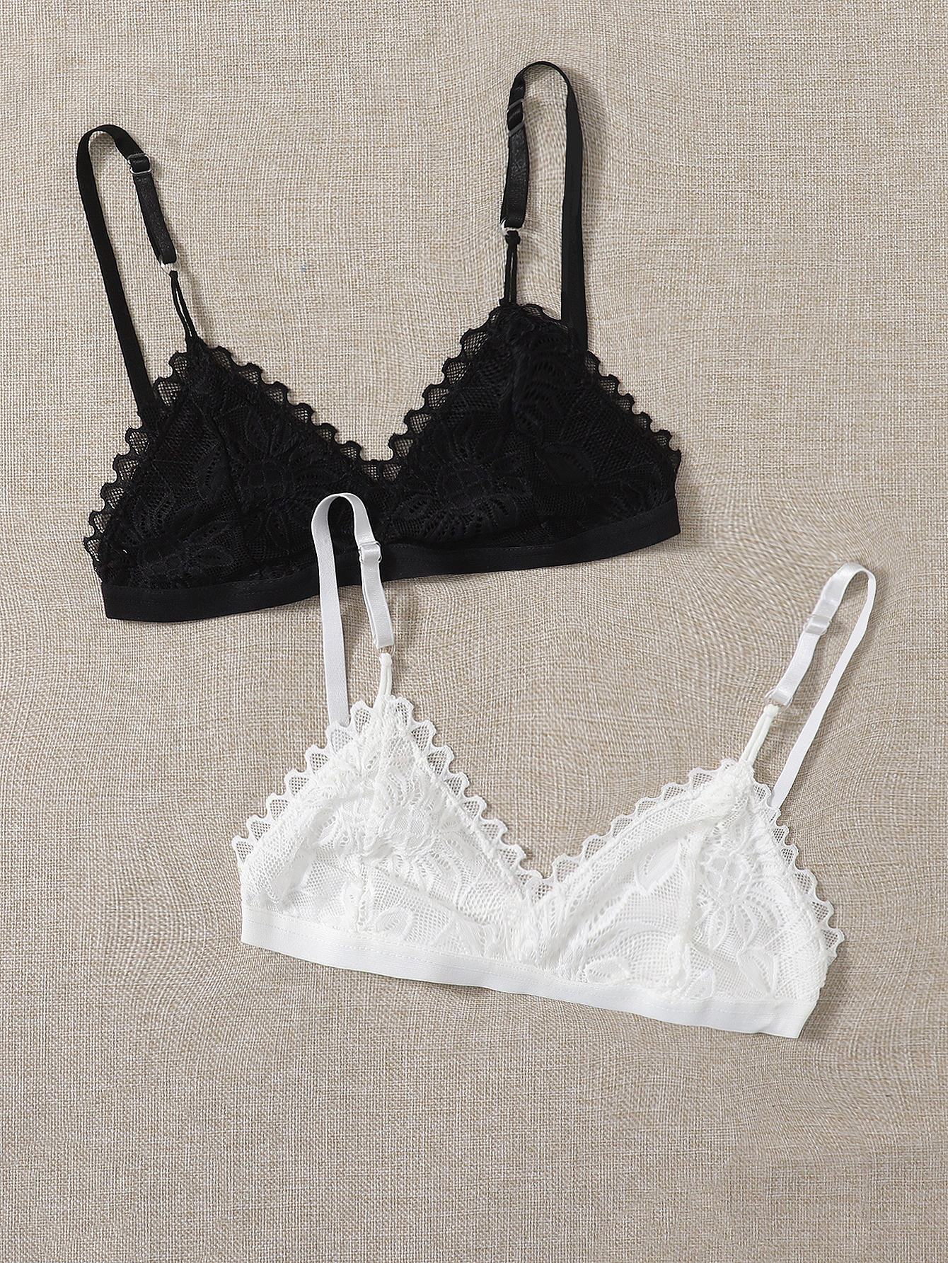 Strappy Scallop Lace Bra and Thong Lingerie Set