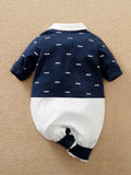 Shein- Yierying Baby Boy Beard Print Bow Tie Spliced Jumpsuit