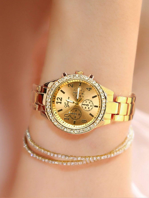 Shein- 1pc Rhinestone Decor Pointer Watch With 2pcs Bracelet