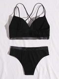 Shein- Rib Contrast Mesh Lingerie Set