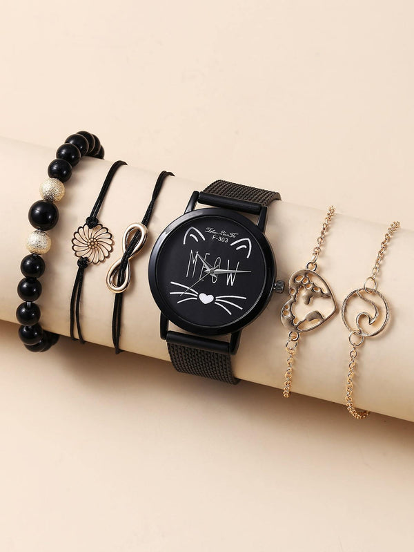 Shein- 1pc Mesh Strap Round Pointer Watch & 5pcs Bracelet