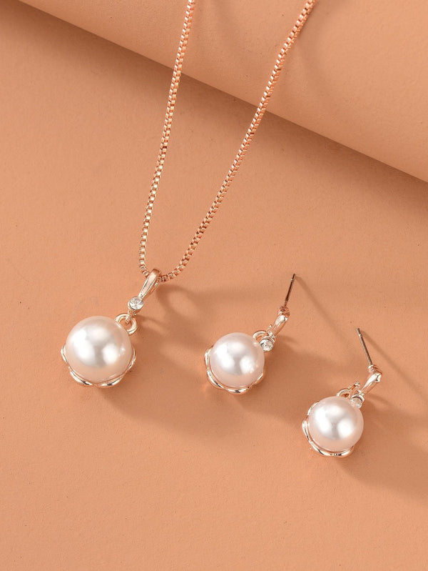 Shein- 1pc Faux Pearl Decor Necklace & 1pair Drop Earrings