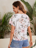 Shein- Notch Neck Batwing Sleeve Floral Top