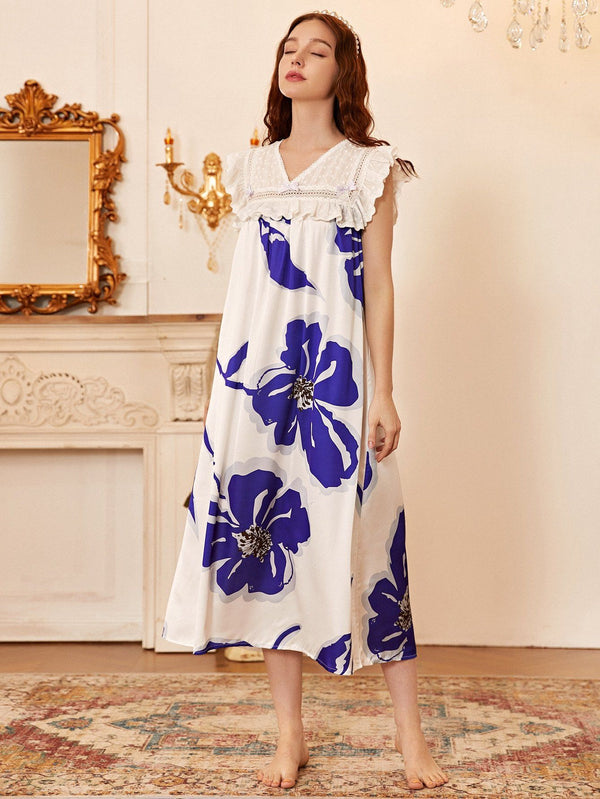 Shein- Satin Floral Print Ruffle Night Dress