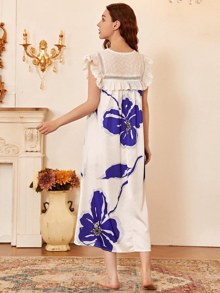 Shein- Satin Floral Print Ruffle Night Dress