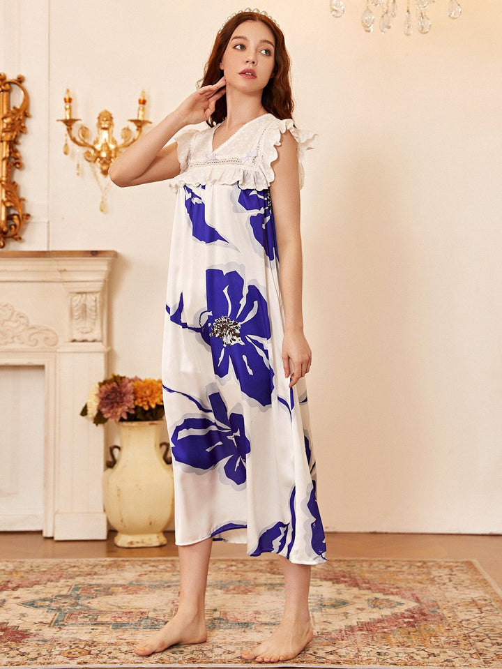 Shein- Satin Floral Print Ruffle Night Dress