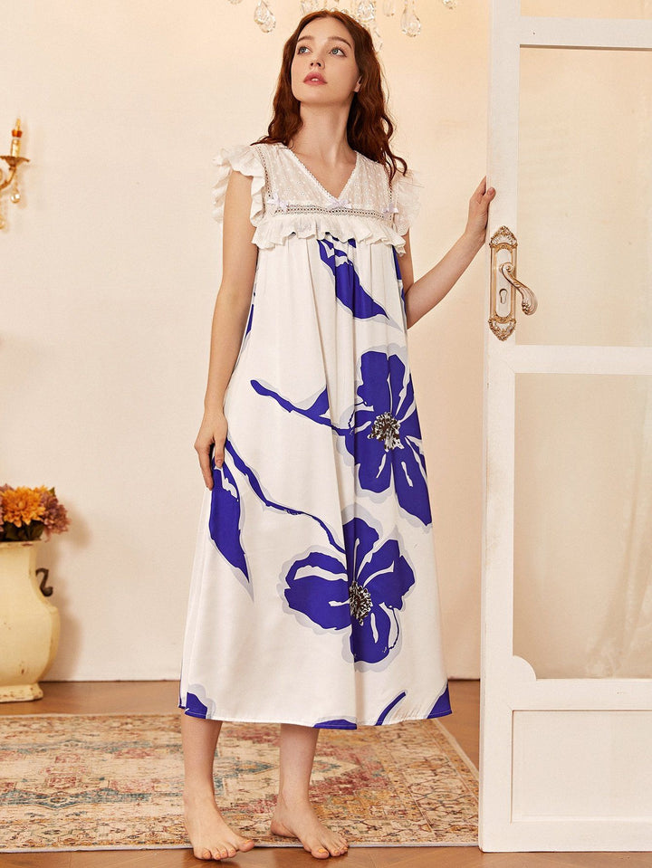 Shein- Satin Floral Print Ruffle Night Dress