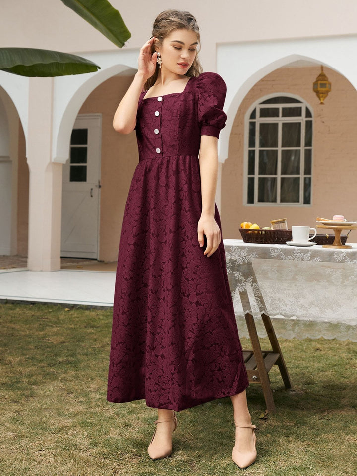 Shein- Lace Button Front Puff Sleeve A-line Dress Bagallery Shein- Lace Button Front Puff Sleeve A-line Dress Bagallery