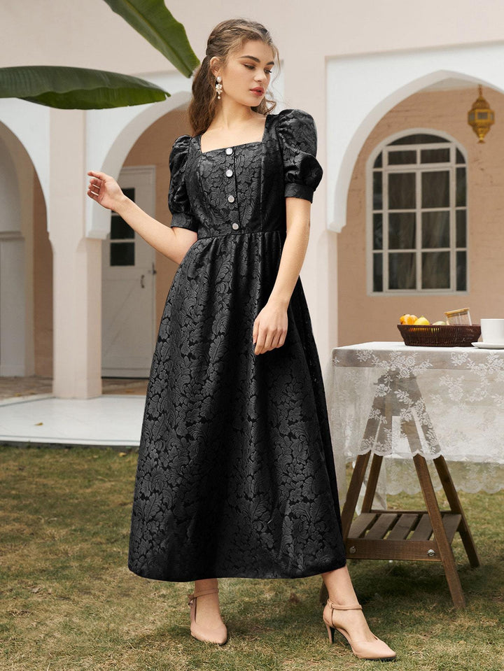 Shein- Lace Button Front Puff Sleeve A-line Dress – Bagallery