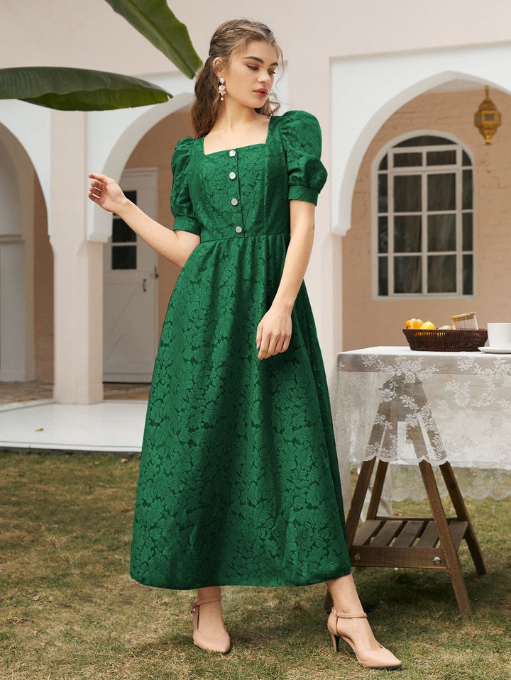 Shein- Lace Button Front Puff Sleeve A-line Dress Bagallery Shein- Lace Button Front Puff Sleeve A-line Dress Bagallery