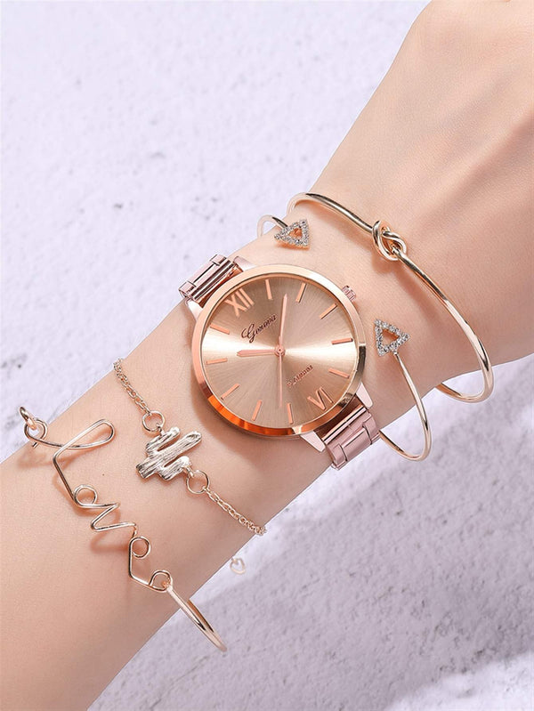 Shein- 1pc Round Pointer Quartz Watch & 4pcs Bracelet