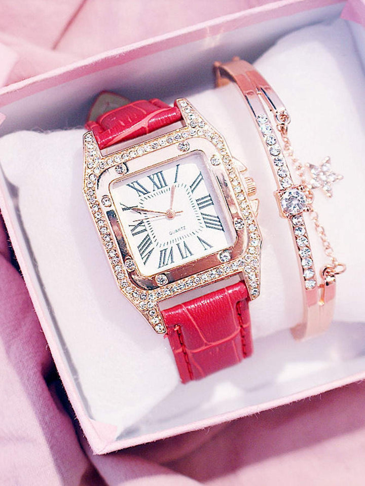 Shein- 1pc Rhinestone Decor Square Dial Quartz Watch & 1pc Bracelet