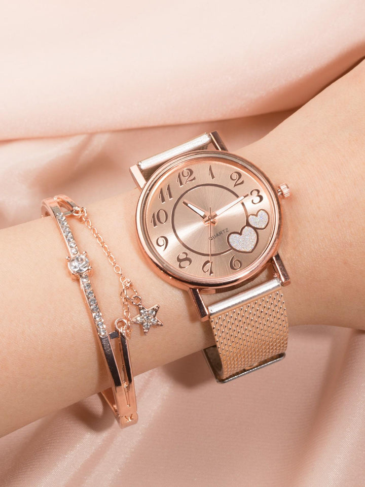 Shein- 1pc Heart Pattern Round Pointer Quartz Watch & 1pc Bracelet