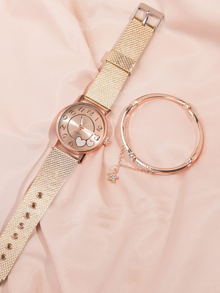 Shein- 1pc Heart Pattern Round Pointer Quartz Watch & 1pc Bracelet