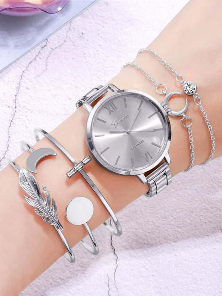 Shein- 1pc Round Pointer Quartz Watch & 5pcs Bracelet