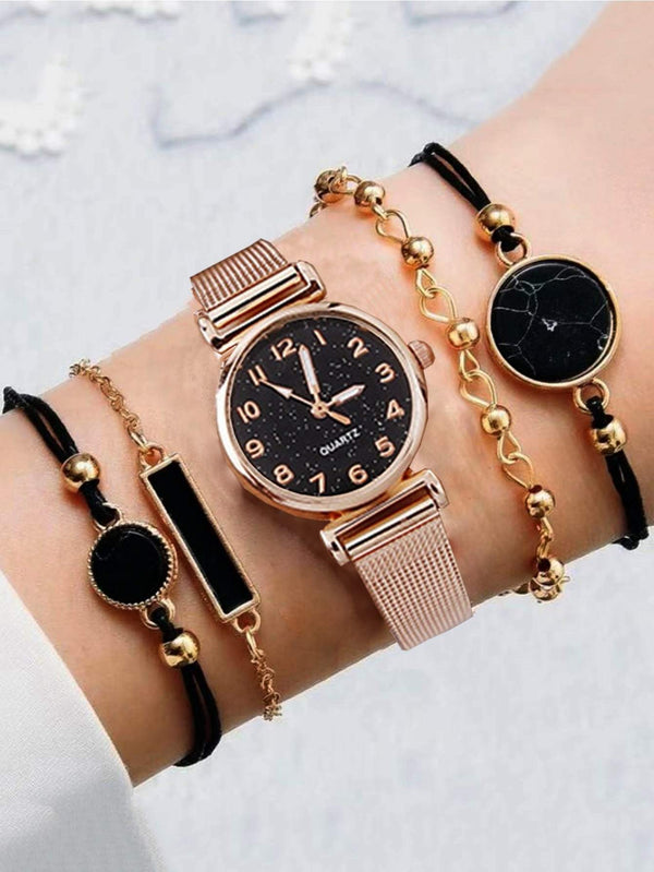 Shein- 1pc Mesh Strap Round Pointer Watch & 4pcs Bracelet