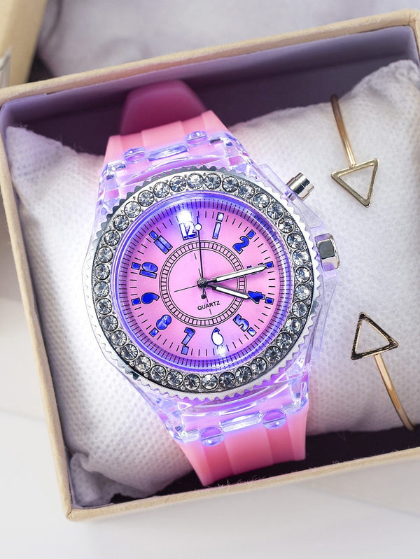 Shein- 1pc Rhinestone Decor Luminous Quartz Watch & 1pc Bracelet