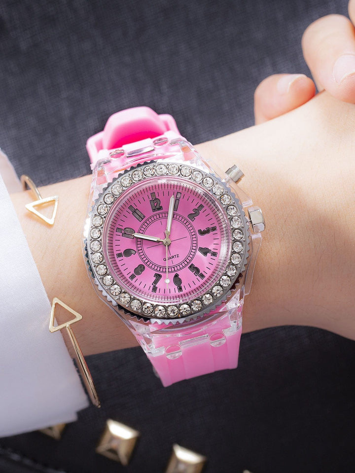 Shein- 1pc Rhinestone Decor Luminous Quartz Watch & 1pc Bracelet