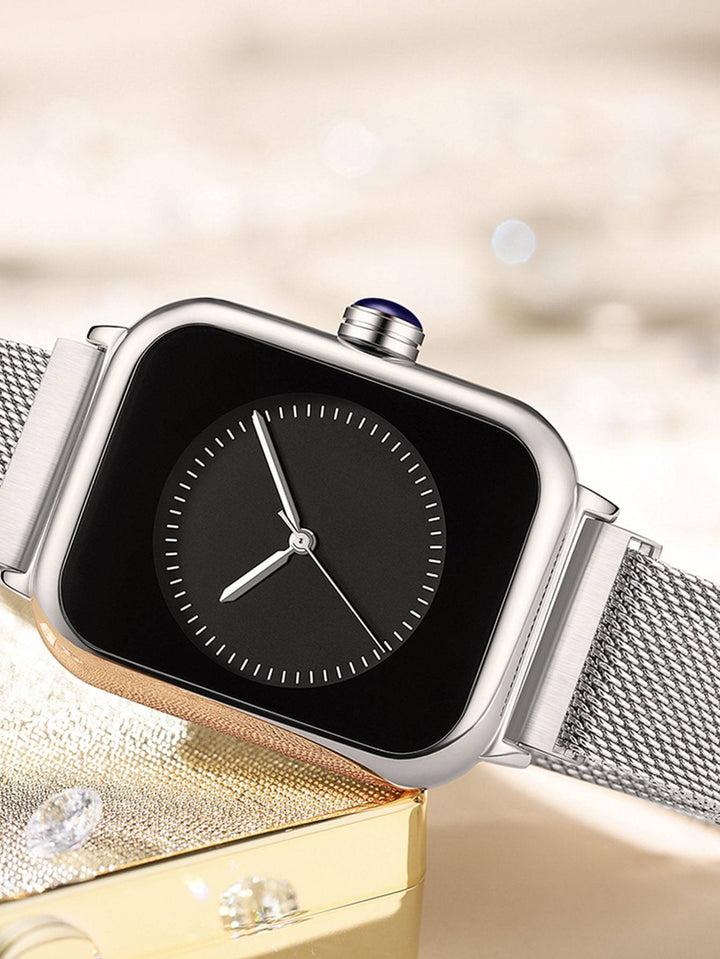 Shein- Mesh Strap Rectangle Pointer Quartz Watch