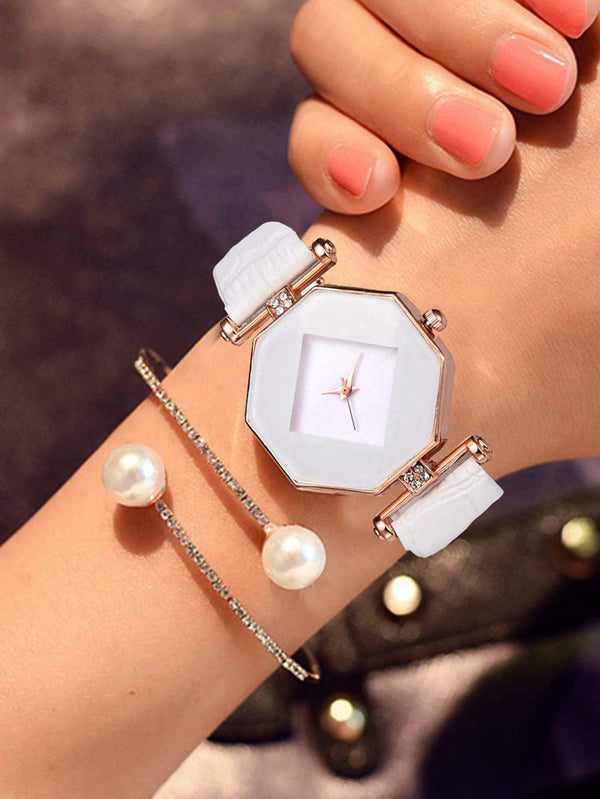 Shein- 1pc Polygon Pointer Quartz Watch & 1pc Bracelet