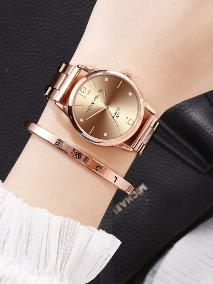 Shein- 1pc Round Pointer Quartz Watch & 1pc Bracelet