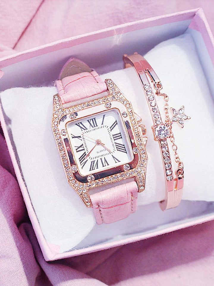 Shein- 1pc Rhinestone Decor Square Pointer Watch & 1pc Bracelet