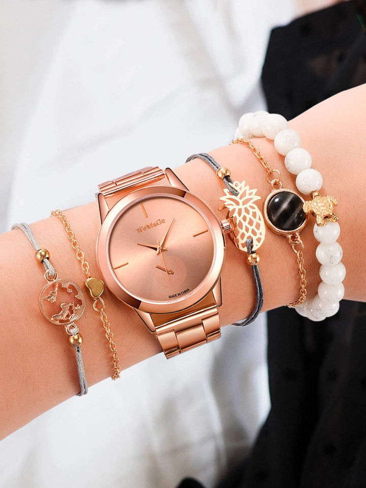 Shein- 1pc Round Pointer Quartz Watch & 5pcs Bracelet