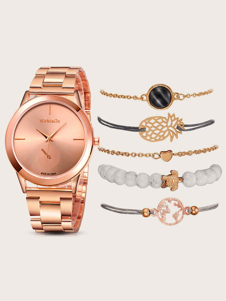 Shein- 1pc Round Pointer Quartz Watch & 5pcs Bracelet