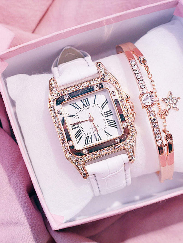 Shein- 1pc Rhinestone Decor Square Pointer Watch & 1pc Bracelet