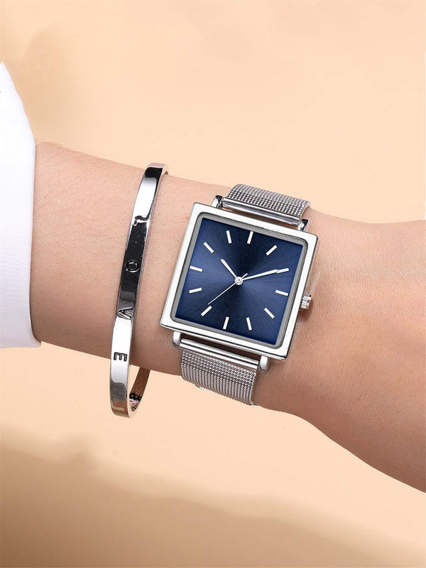 Shein- 1pc Mesh Strap Square Pointer Watch & 1pc Bracelet