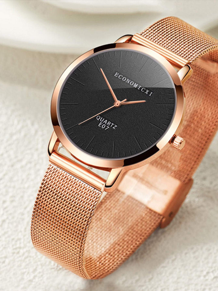 Shein- Mesh Strap Round Pointer Quartz Watch