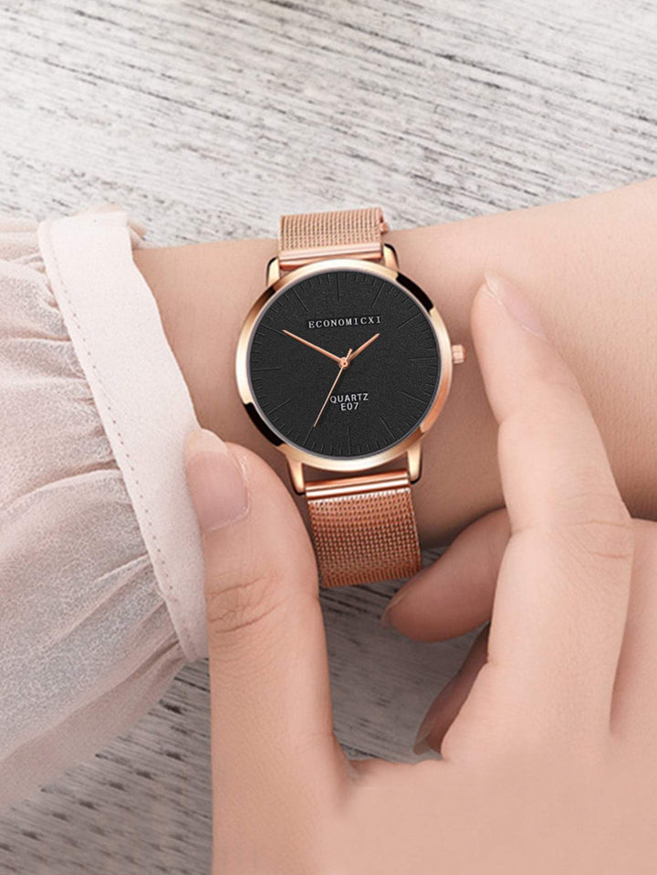 Shein- Mesh Strap Round Pointer Quartz Watch