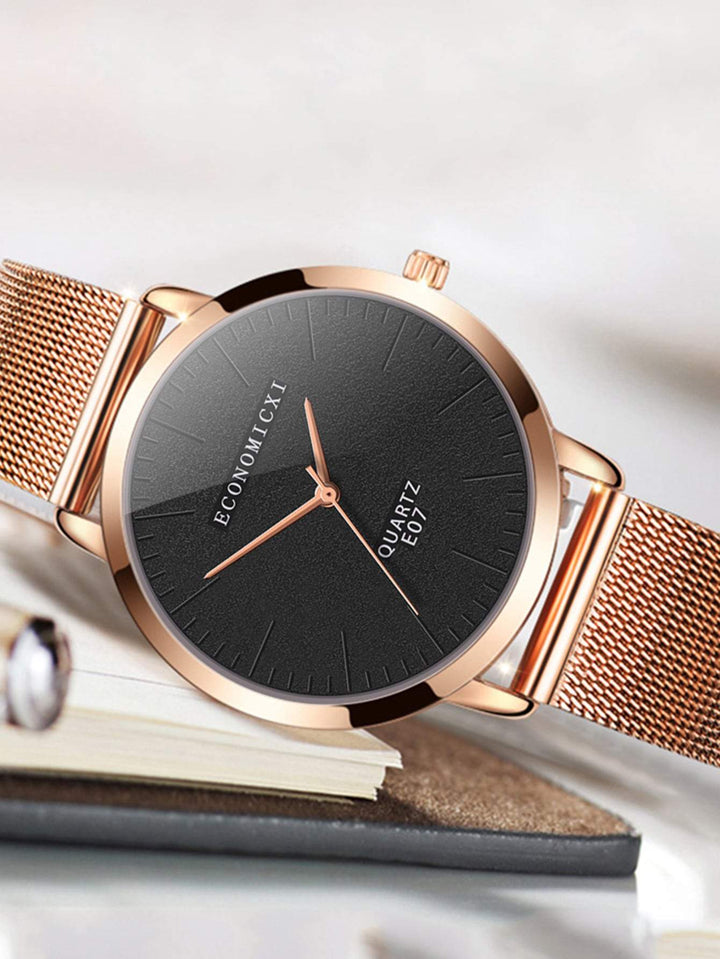 Shein- Mesh Strap Round Pointer Quartz Watch