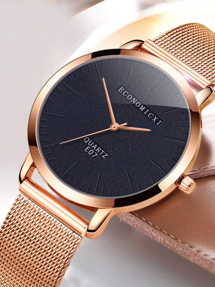 Shein- Mesh Strap Round Pointer Quartz Watch