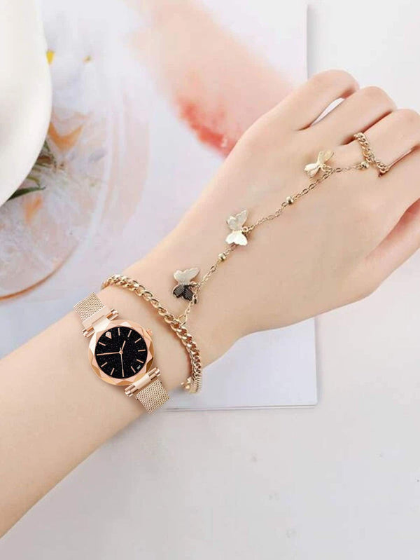 Shein- 1pc Starry Sky Dial Mesh Strap Watch & 1pc Bracelet