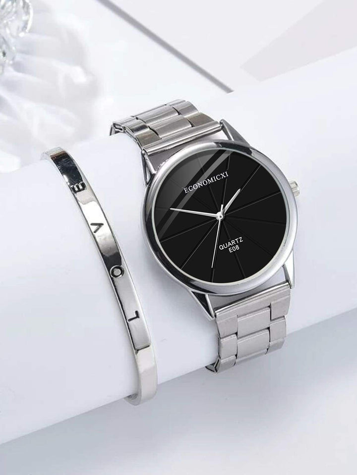 Shein- 1pc Round Pointer Quartz Watch & 1pc Bracelet