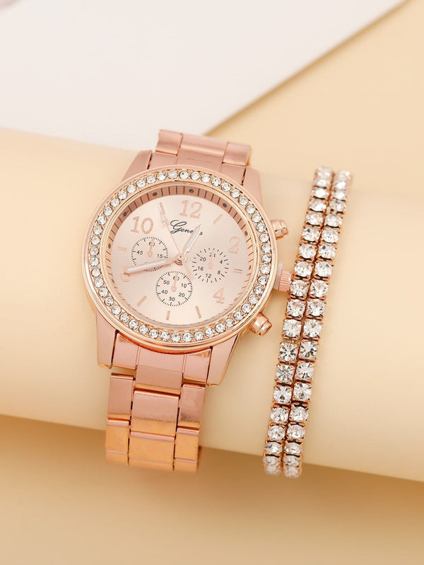 Shein- 1pc Rhinestone Decor Round Pointer Watch & 1pc Bracelet