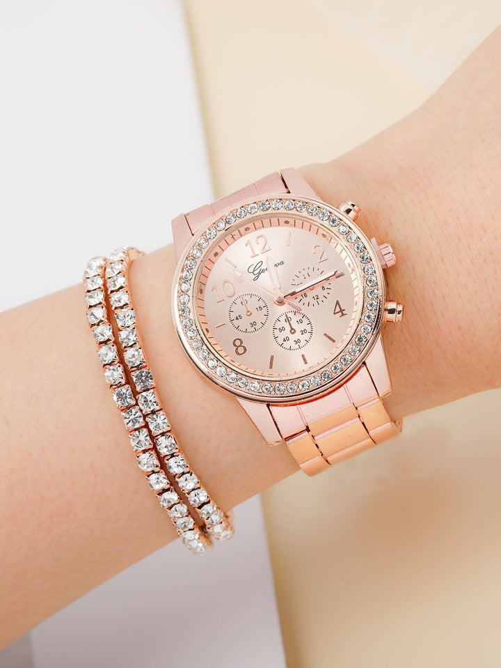 Shein- 1pc Rhinestone Decor Round Pointer Watch & 1pc Bracelet