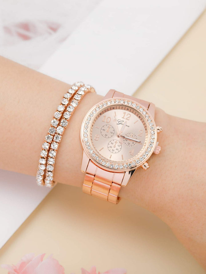 Shein- 1pc Rhinestone Decor Round Pointer Watch & 1pc Bracelet