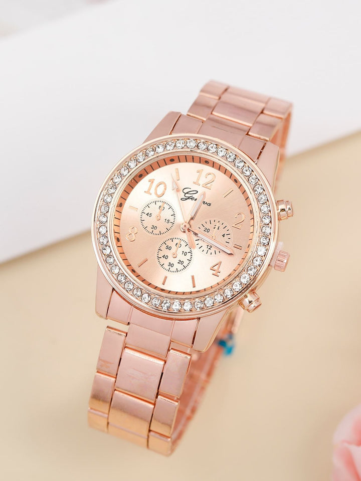 Shein- 1pc Rhinestone Decor Round Pointer Watch & 1pc Bracelet