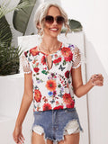 Shein- Keyhole Neck Guipure Lace Cuff Floral Top