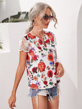 Shein- Keyhole Neck Guipure Lace Cuff Floral Top