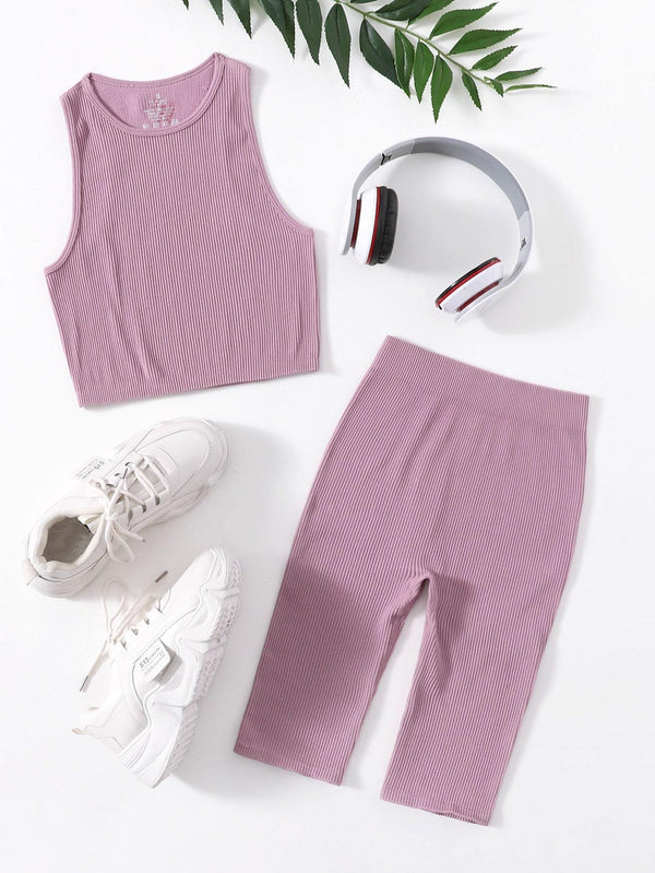 Shein- Crop Ribbed Tank Top & Biker Shorts Sports Set