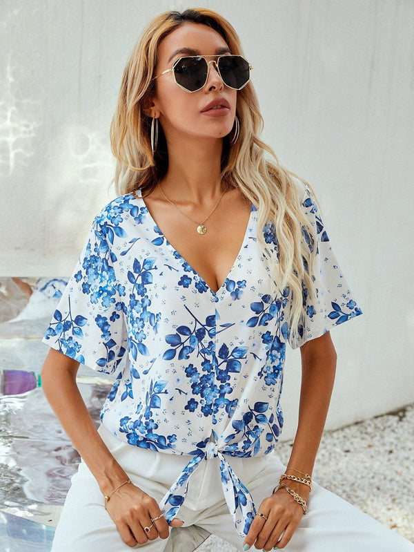 Shein- Floral Print Tie Hem Blouse